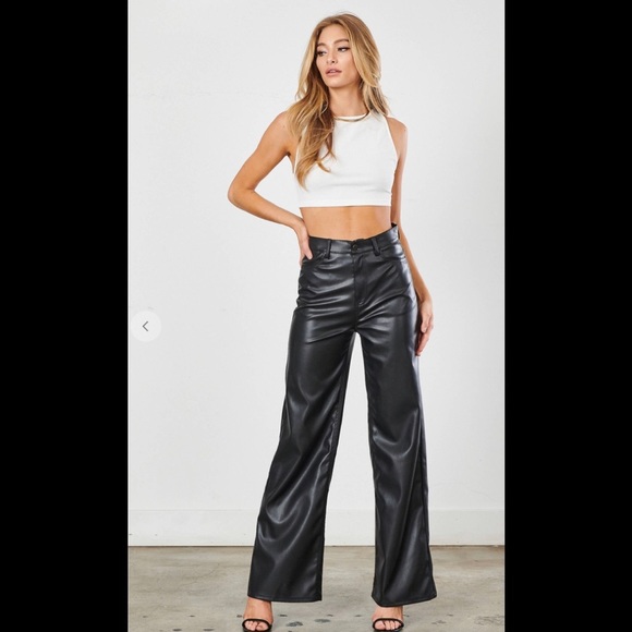 Pants - Black Faux leather wide leg pants..